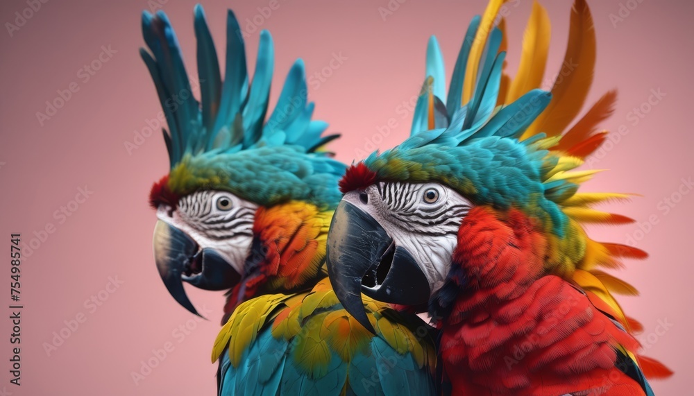 two multicolored parrots standing next to each other on a pink background with a pink sky in the background. two multicolored parrots standing next to each other on a pink background with a pink sky in the background.
