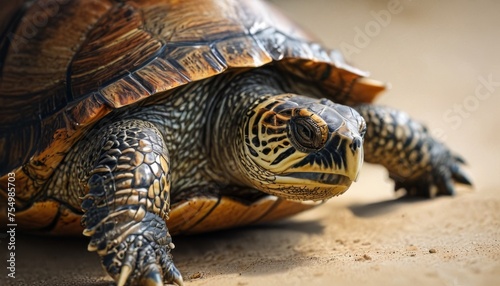  a close up of a tortoise on the ground with it's head slightly turned to the side.