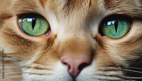  a close - up of a cat's face with green eyes and whiskers on it's nose.