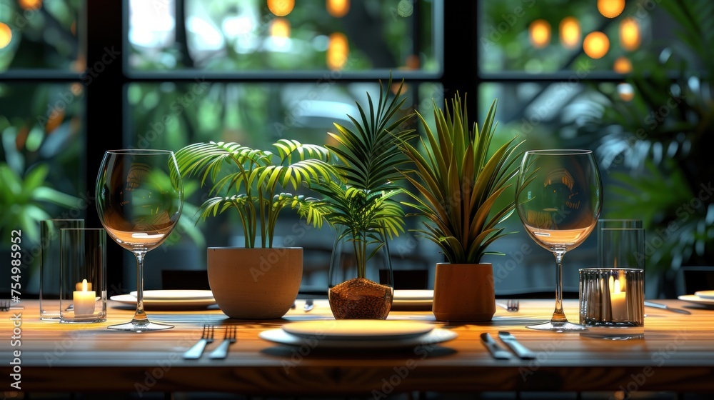 a wooden table topped with a plate of food and a vase filled with potted plants next to a window.