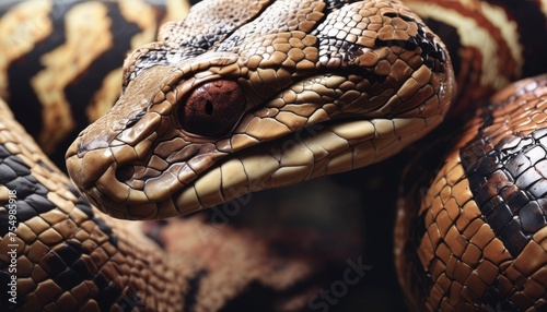  a close up of a snake's head with a black and brown stripe on it's back end. photo