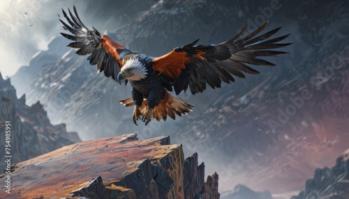  a bird that is flying in the air over a rocky mountain side with it's wings spread wide open.