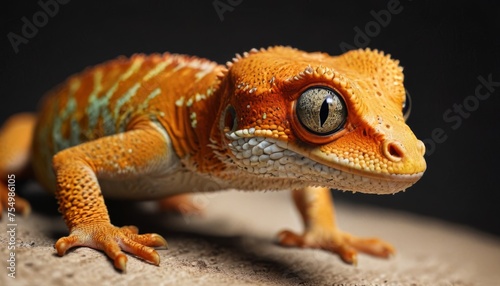  a close up of a gecko on a rock looking at the camera with an intense look on its face.