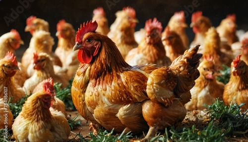  a group of chickens standing next to each other on top of a field of green grass and grass covered ground.