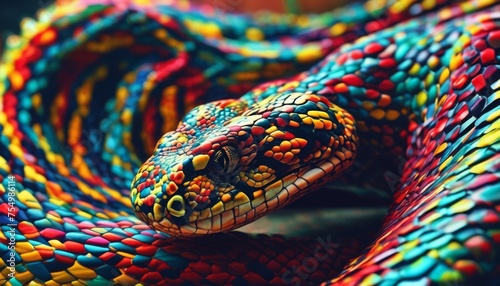  a close up of a colorful snake's head with many colors on it's body and a black background.