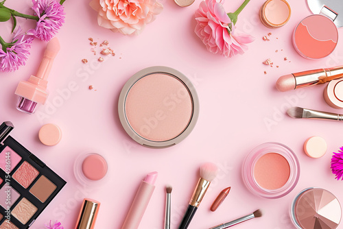 Makeup products and decorative cosmetics on color background flat lay. Modern spring skin care layout, top view, flat lay. Fashion and beauty blogging concept