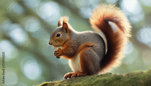  a red squirrel sitting on top of a moss covered tree trunk with its paws in the air and looking at the camera.