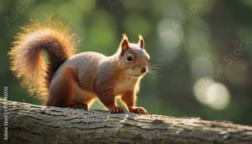  a close up of a squirrel on a tree branch with a blurry background of trees in the back ground.