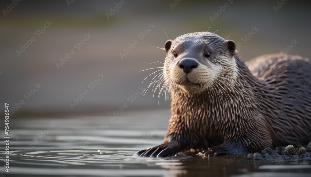  a close up of a wet otter in a body of water with it's head above the water's surface.