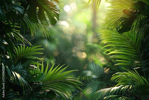 Lush Green Jungle Foliage Creating a Serene and Tranquil Background in Sunlit Atmosphere 