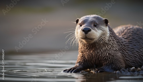  a close up of a wet otter in a body of water with it's head above the water's surface. © Velko