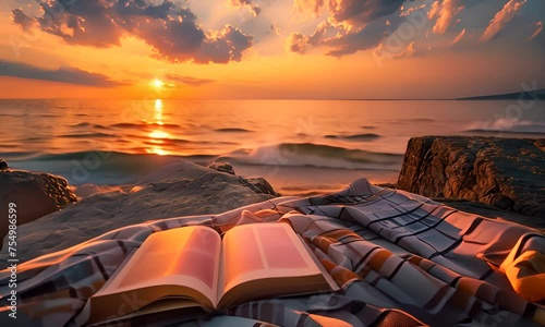 Open book on a blanket by the sea at sunset. The concept of relaxation and reading in nature. photo