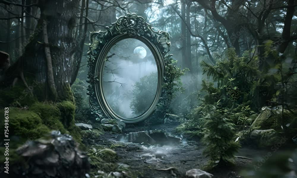 Mystical mirror in the forest reflecting the moon. The concept of fantasy and magic.