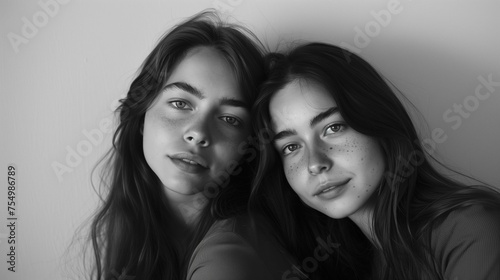 Intimate Sibling Bond - Genuine Sisterly Warmth in Monochrome