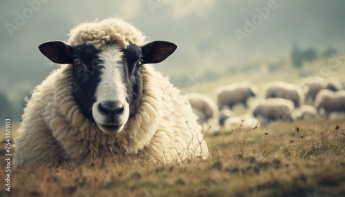  a close up of a sheep in a field with other sheep in the background and a cloudy sky in the background.
