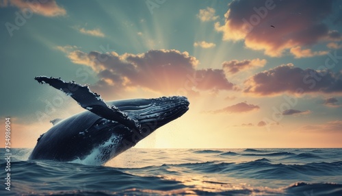  a humpback whale jumping out of the water in front of a cloudy sky with a bird flying over it.