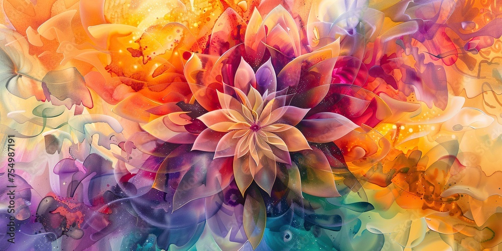 Cosmic bloom unfolds in vivid colors, blending floral and astral forms in unity , concept of Spatial evolution