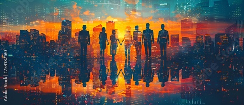 Panoramic view of the silhouettes of businesspeople joining together, representing teamwork and cooperation, modern city background