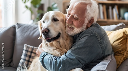 An elderly man is hugging his golden retriever. 