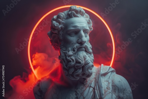 Surreal 3D illustration of a marble ancient Greek statue of a King with a beard. Contemporary art in digital format