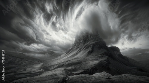 a black and white photo of a mountain with clouds in the sky and a person standing on the top of the mountain. photo