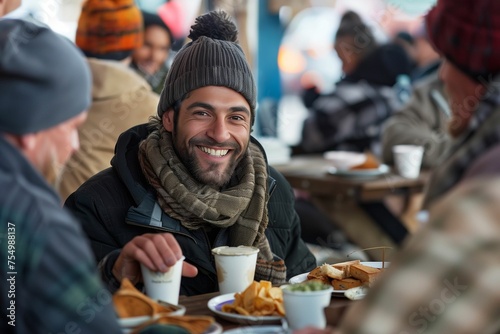 A smiling male homeless man enjoys a free meal at the canteen