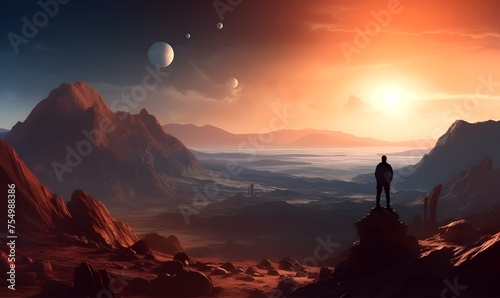 A man stands on a rock on an unknown planet. Space landscape illustration. Sunrise in space.