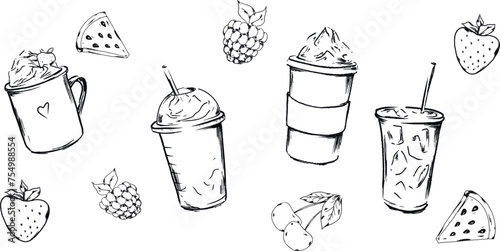 Summer drinks beverage banner coctail smootie fruits cherry watermelon raspberry strawberry cafe, coffee to go, cup