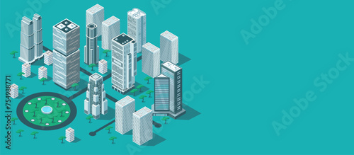 Town center, city skyscraper building, urban street cityscape, business downtown, modern construction. District infrastructure. Teal background. Isometric vector illustration