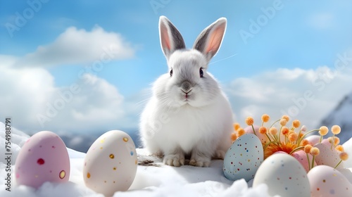 a white easter bunny with clourfull easter eggs sitting on top of a snow covered hill photo