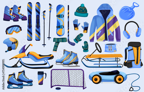 Set of winter sport activity eqiupment, extreme game inventory. Collection of boot, ski, snowboard, hat, jacket, rucksack, helmet, gloves, hat, skates. Isolated on blue background. Vector illustration