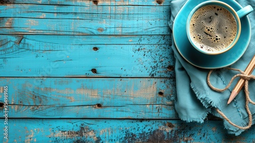 a cup of coffee sitting on top of a blue cloth next to a pair of wooden chopsticks on top of a blue wooden table. photo