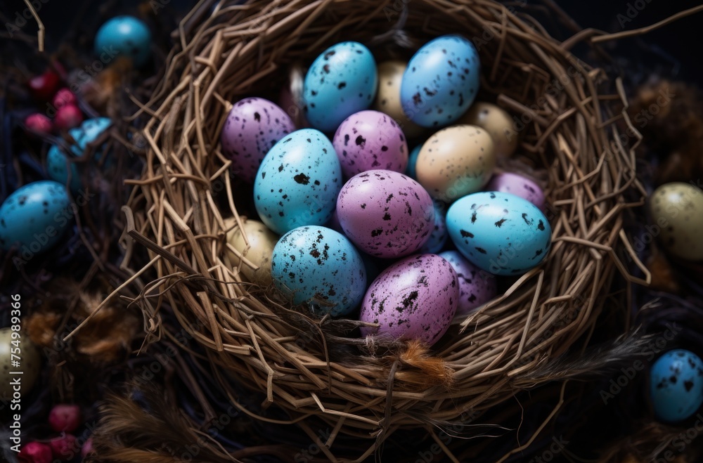 a bird's nest filled with colored eggs on top of a pile of other birds'nest filled with eggs. a bird's nest filled with colored eggs on top of a pile of other birds'nest filled with eggs.