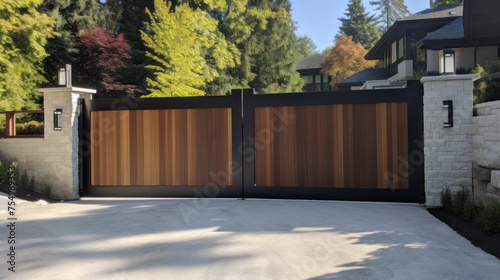 Automatic sliding doors with wood texture in the cottage