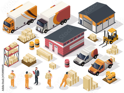 Collection of warehouse cargo equipment, cargo business delivery, container storage, set of forklift, worker, box parcel, truck, pallet. Isolated on white background. Isometric vector illustration