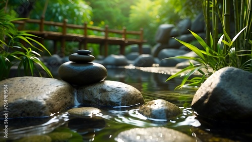 Zen stones, bamboo and water in a peaceful zen garden