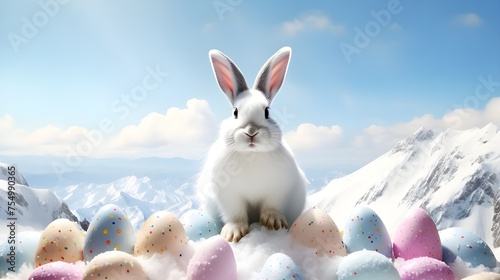 a white easter bunny with clourfull easter eggs sitting on top of a snow covered hill
