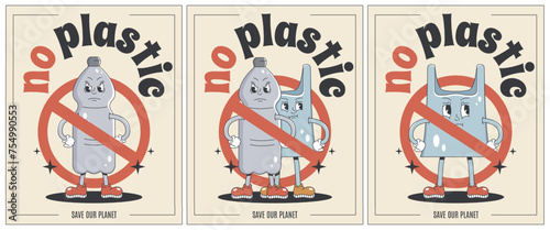 Set of posters for Earth day with text No plastic. Groovy characters bottle and plastic bag in retro style. World environment cards. Vector illustration