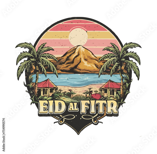 Hawaii street Palms photorealistic masterpiece moonset tshirt graphic design of an Eid al Fitr