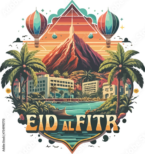 Hawaii street Palms photorealistic masterpiece moonset tshirt graphic design of an Eid al Fitr