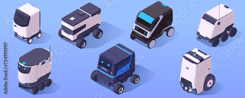 Set of cute realistic designed delivery robots. Collection of various types of modern vehicle objects helping in transportation in contemporary life. Isolated on blue background. Vector illustration