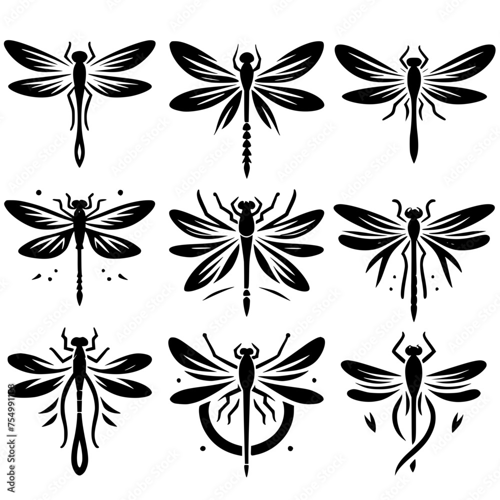 set of black and white dragonfly