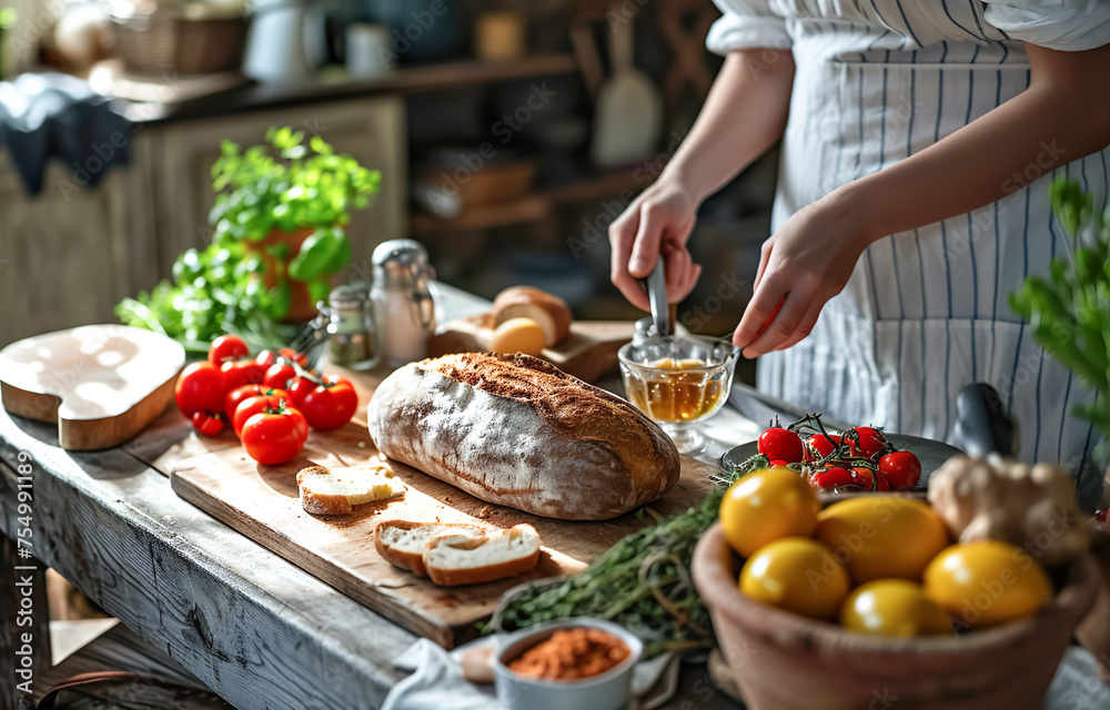 Selective focus.woman cooking breakfast with bread and food menu ingredient on kitchen island counter.cozy home style.healthy eating concepts.