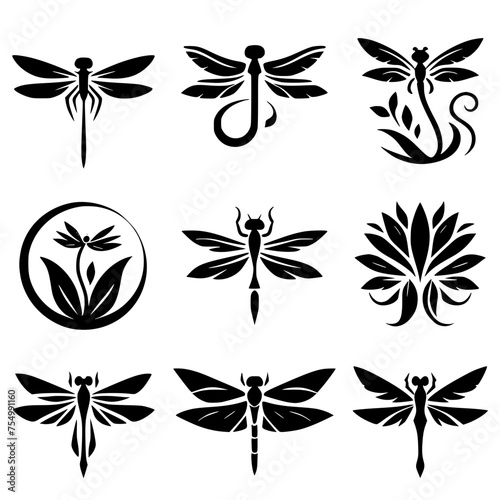set of black and white dragonfly