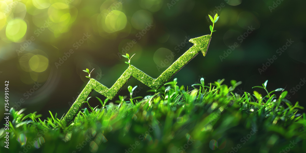 Fototapeta premium Nature's Growth Chart. An arrow up composed of moss, green grass and plants symbolizes growth and upward trajectory, copy space.