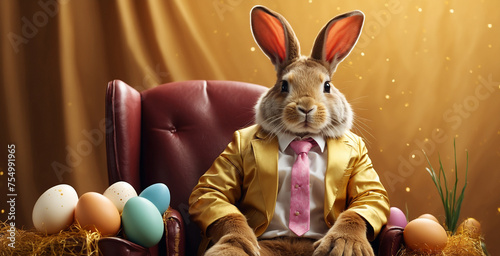 bunny character sitting on a chair like a boss, dressed in a suit, , easter day, eggs around it, on a gold background photo