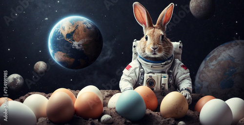 bunny character dressed as an astronaut, easter day, eggs around it, in the space background photo