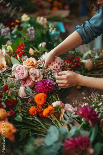 A florist is carefully handpicking fresh roses among a vibrant selection of flowers to create a custom bouquet in a charming flower shop..