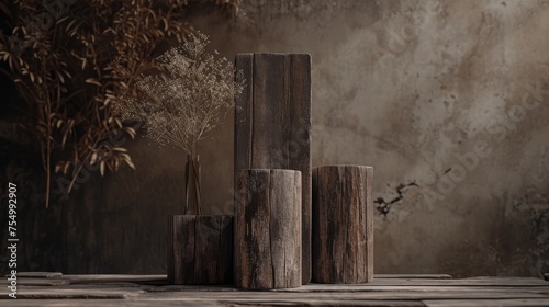 Fototapeta Naklejka Na Ścianę i Meble -  Brown empty rustic wooden blocks set on a wood table with flowers in a vase and a brown concrete wall. 3D product mockups