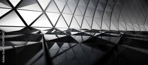 A black and white photo showcasing a wall with a geometric design resembling a triangle prism. The walls texture and shape create a futuristic architectural background.